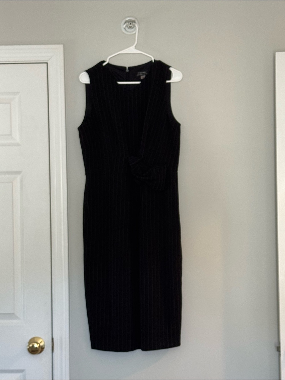 Tahari Black Pinstripe Midi Dress with Front Twist
